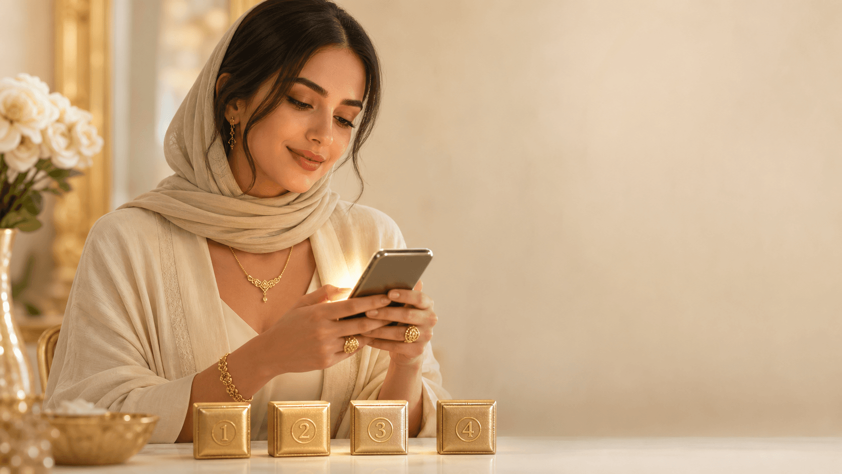 مدل با جواهرات طلا و چهار قسط پرداخت برای خرید اعتباری